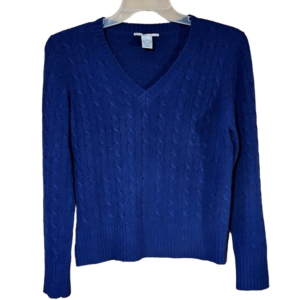 Evelyn Grace 100% 2-ply Cashmere Cable Knit Sweater in Blue Size Large
